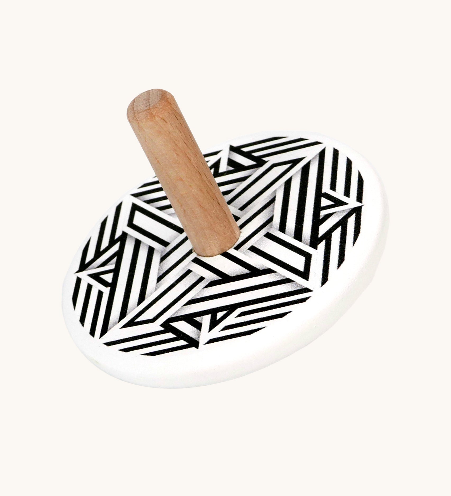Bajo Modern wooden  Spinning Top toy. A white painted spinning top with a natural wooden stick. The top features a black and white mono striped design.