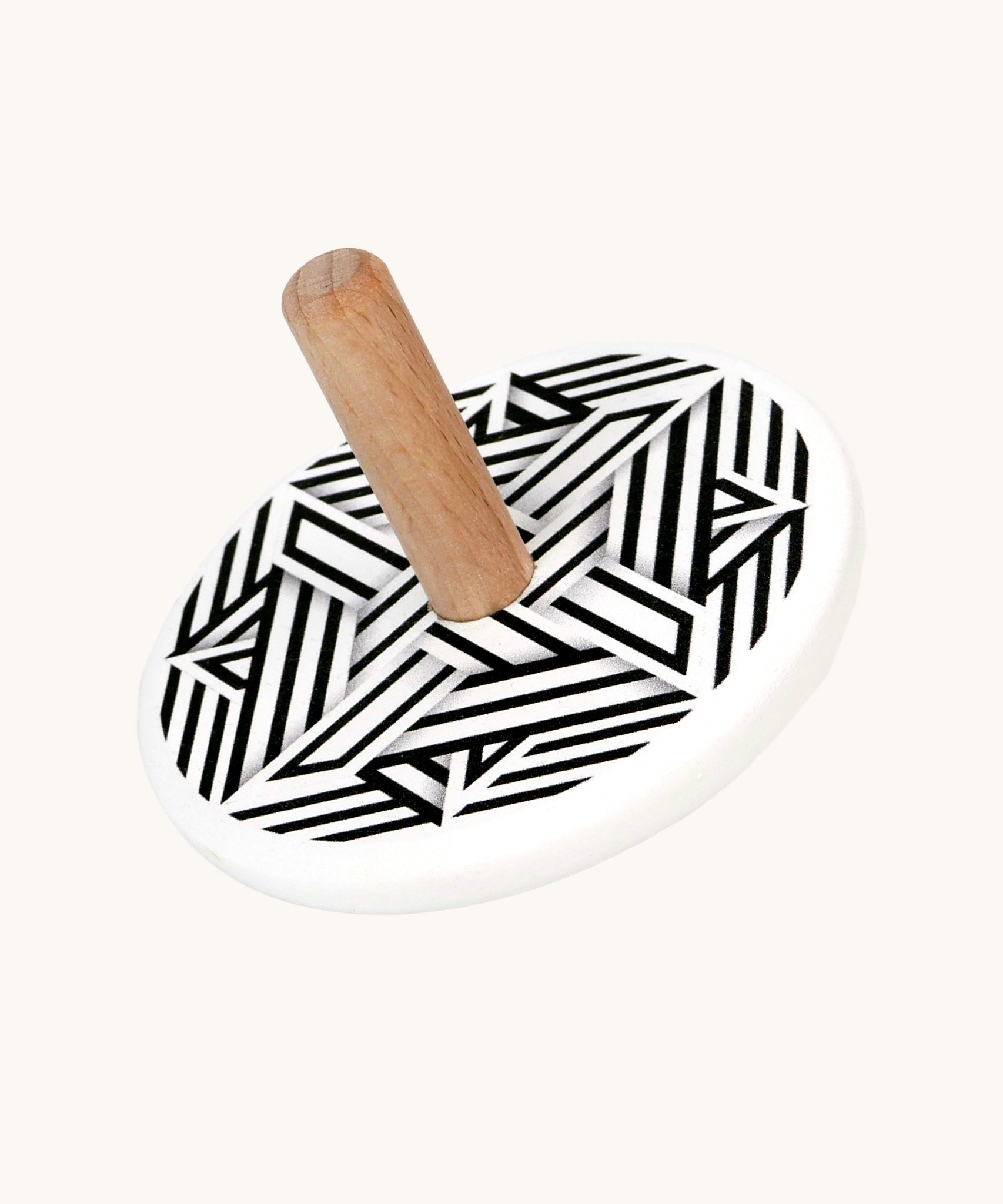 Bajo Modern wooden  Spinning Top toy. A white painted spinning top with a natural wooden stick. The top features a black and white mono striped design.
