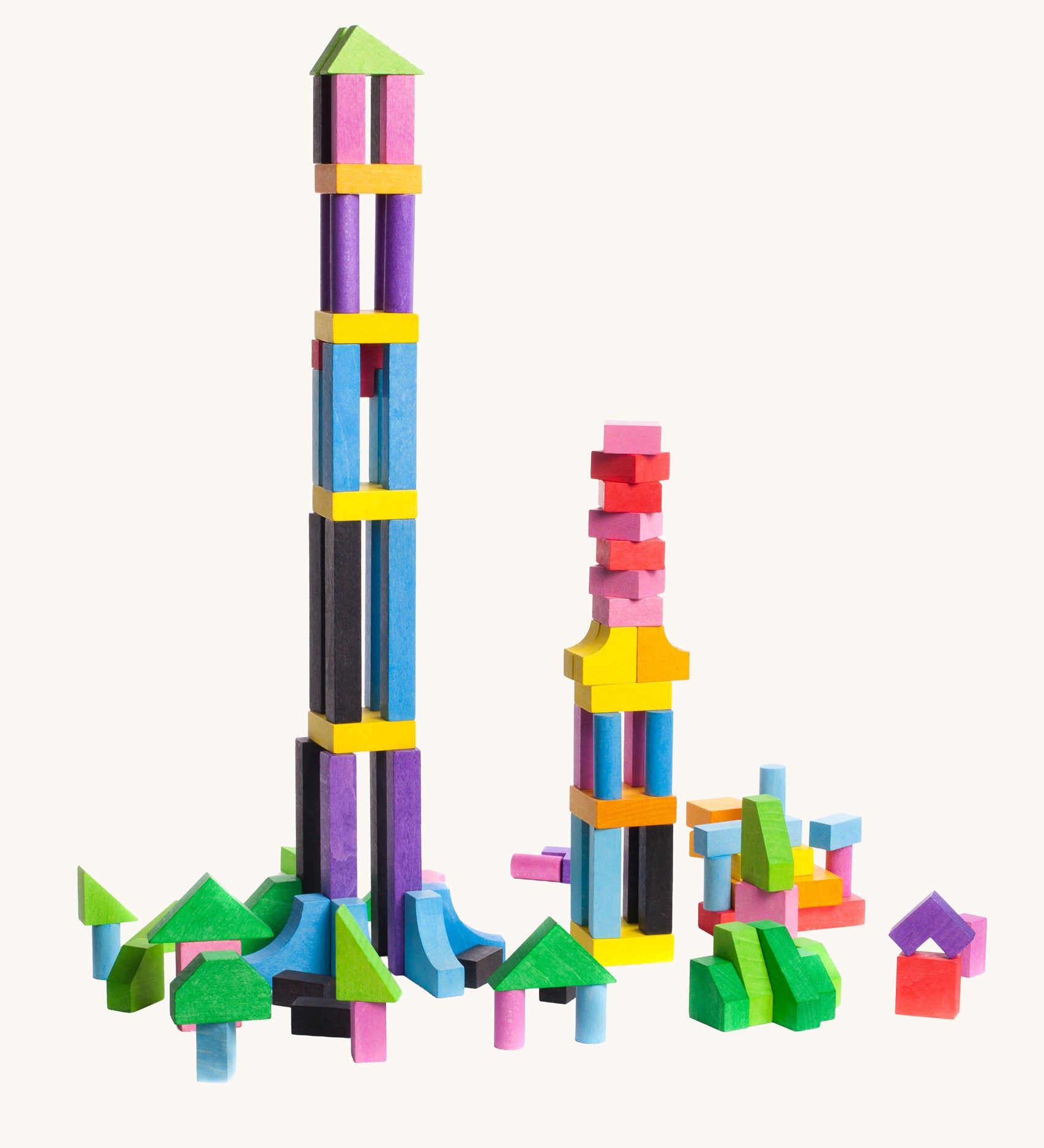 Bajo 102 Blocks. A set of 102 wooden toy building blocks. The blocks have been stacked on top of each other to create a tower. These heirloom quality toys by Bajo are part of a wide range of wooden toys available here at Babipur. 