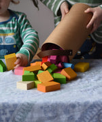 Bajo 43 wooden building blocks. 43 blocks, in 16 different shapes and 10 colours. Child tipping blocks from the sturdy cylinder shaped storage box.