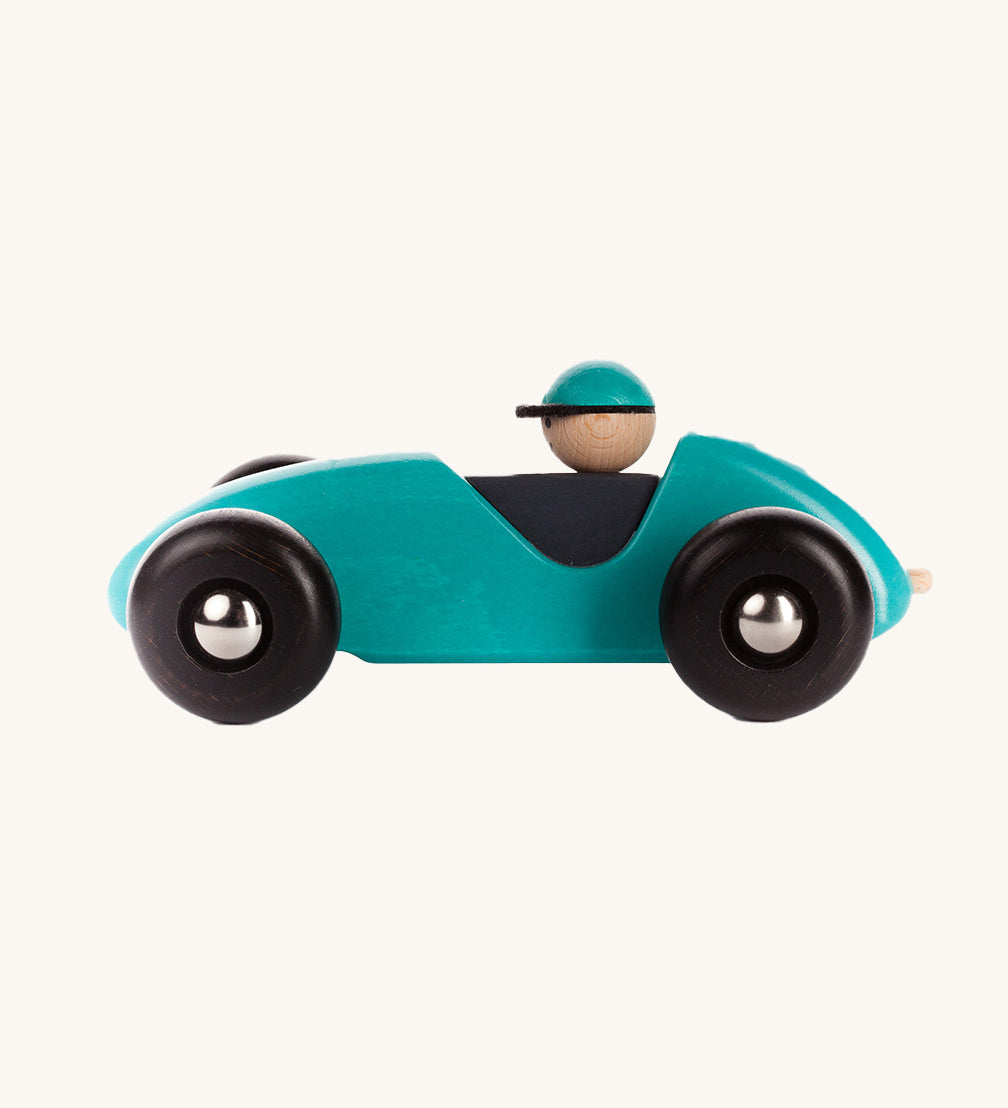 The Bajo LR left-right steering racing car wooden toy for toddlers in blue