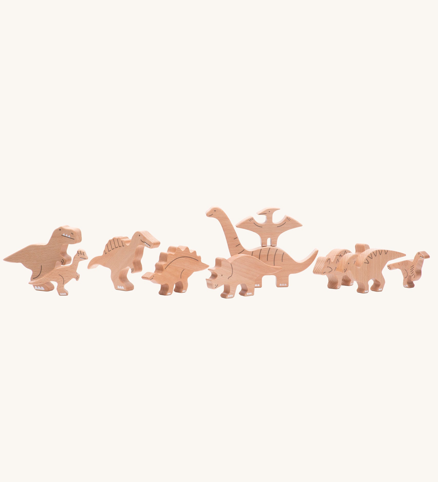 Bajo wooden toy dinosaur figures in a set of 10 including Spinosaurus, Diplodocus, Parasaurolophus, Stegosaurus, T-Rex, Ankylosaurus, Dilophosaurus, Pteranodon, Triceratops, and Velociraptor.
