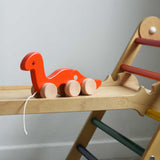 A red coloured Bajo wriggling worm pull along toy placed on a Triclimb Miri slide. These heirloom quality toys by Bajo are part of a wide range of wooden toys available here at Babipur. 