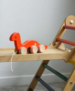 A red coloured Bajo wriggling worm pull along toy placed on a Triclimb Miri slide. These heirloom quality toys by Bajo are part of a wide range of wooden toys available here at Babipur. 