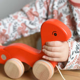A close up of a child's hand holding a red coloured Bajo pull along worm toy. These heirloom quality toys by Bajo are part of a wide range of wooden toys available here at Babipur. 