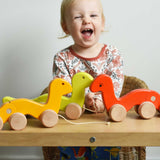 Three Bajo wriggling toy worms placed on a Triclimb Miri slide in front of a child. These heirloom quality toys by Bajo are part of a wide range of wooden toys available here at Babipur. 