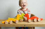 Three Bajo wriggling toy worms placed on a Triclimb Miri slide in front of a child. These heirloom quality toys by Bajo are part of a wide range of wooden toys available here at Babipur. 