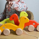Three Bajo pull along wriggling worms toys placed on a Triclimb Miri. A child can be seen in the background. These heirloom quality toys by Bajo are part of a wide range of wooden toys available here at Babipur. 