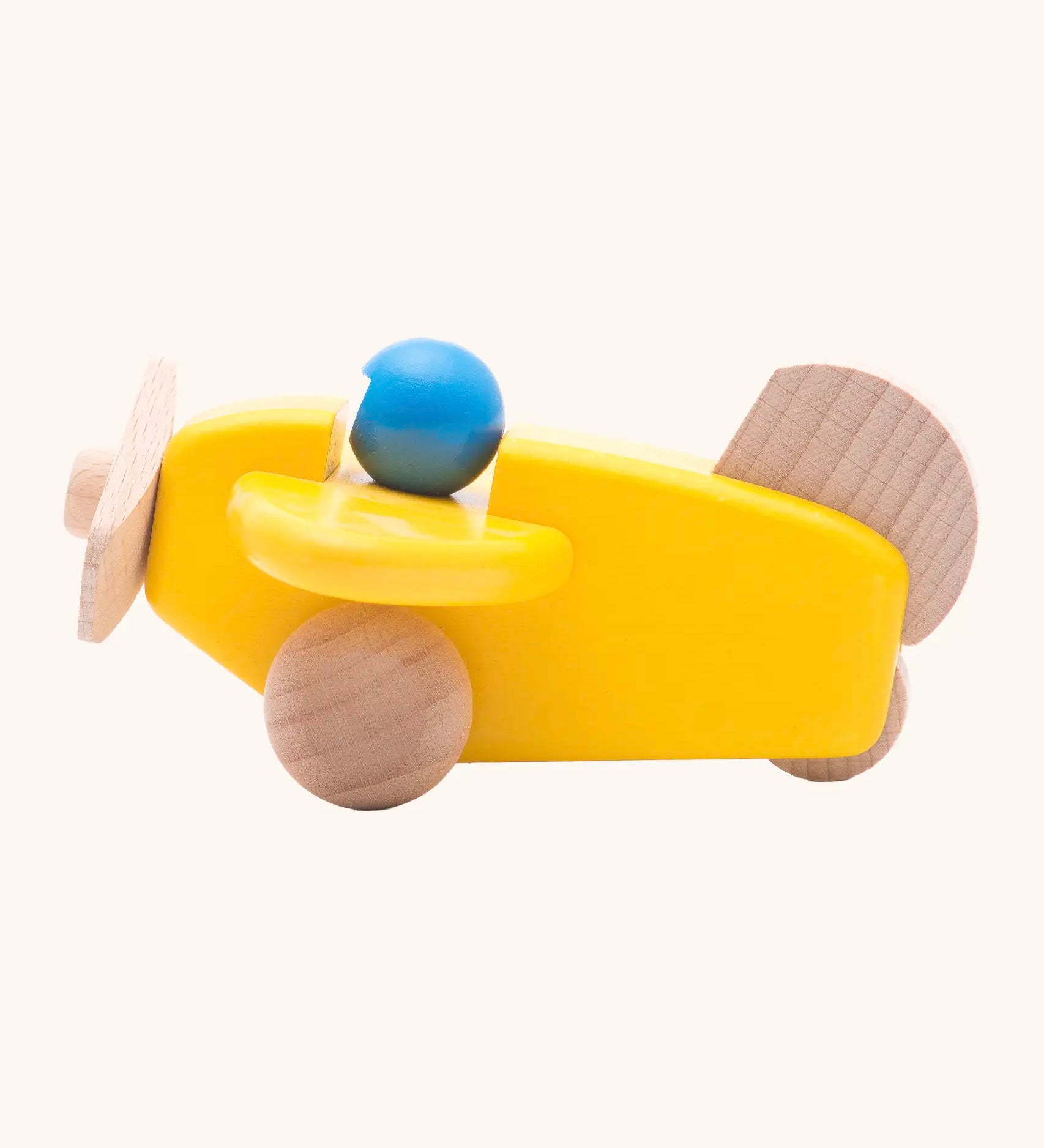 Bajo wooden yellow plane with a blue pilot, unpainted wheels, propellors and rudder