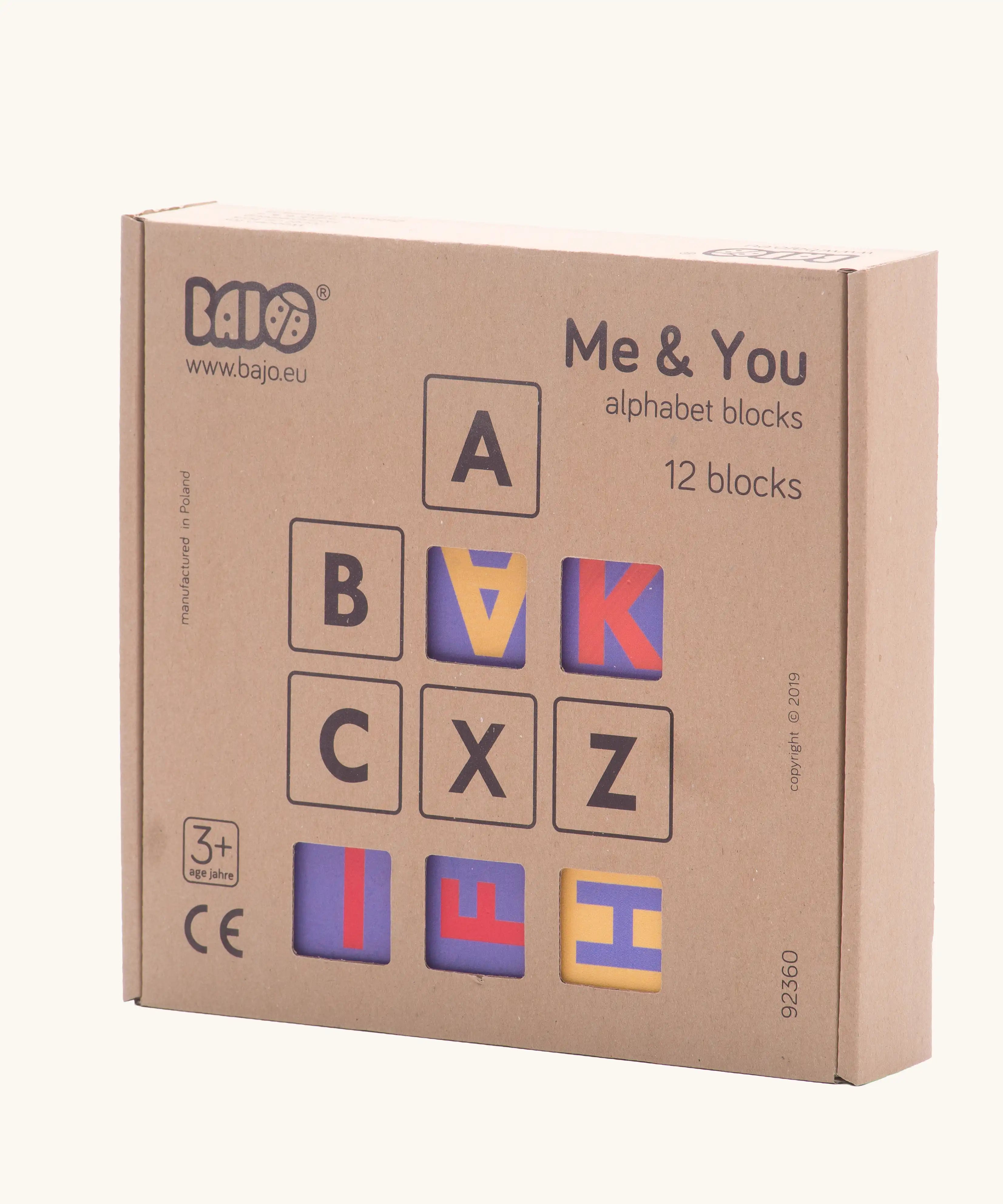 Bajo me & you alphabet blocks. Set of 12 wooden 4cm cube blocks with letters on each side in their box.