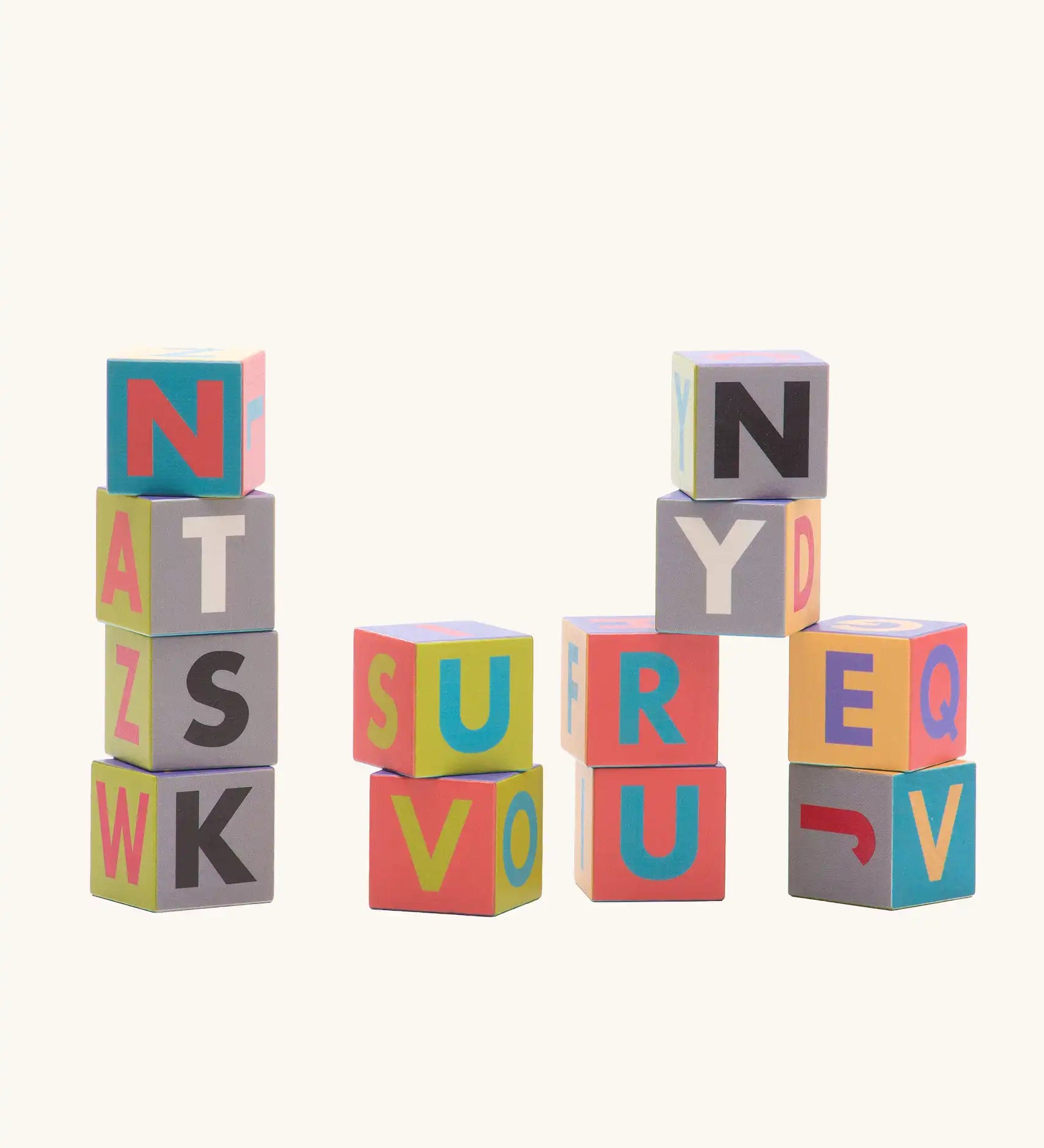Bajo me & you alphabet blocks. Set of 12 wooden 4cm cube blocks with letters on each side.