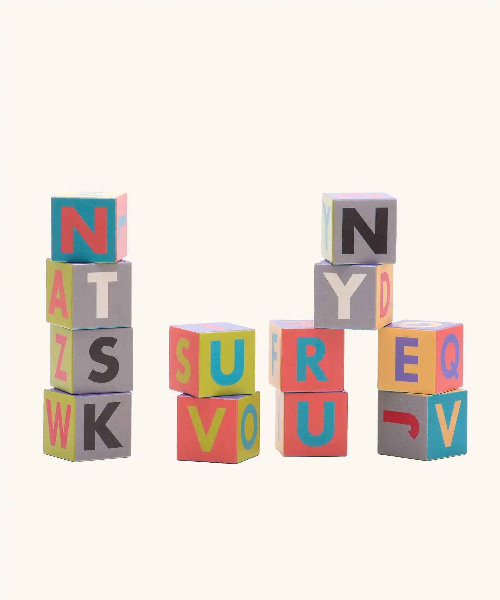 Bajo me & you alphabet blocks. Set of 12 wooden 4cm cube blocks with letters on each side.