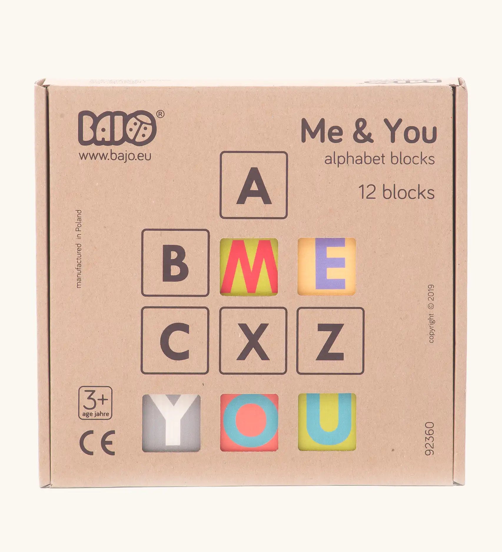 Bajo me & you alphabet blocks. Set of 12 wooden 4cm cube blocks with letters on each side in their box.