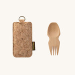 The Bambu Bamboo spork pictured next to the cork case that is included. 