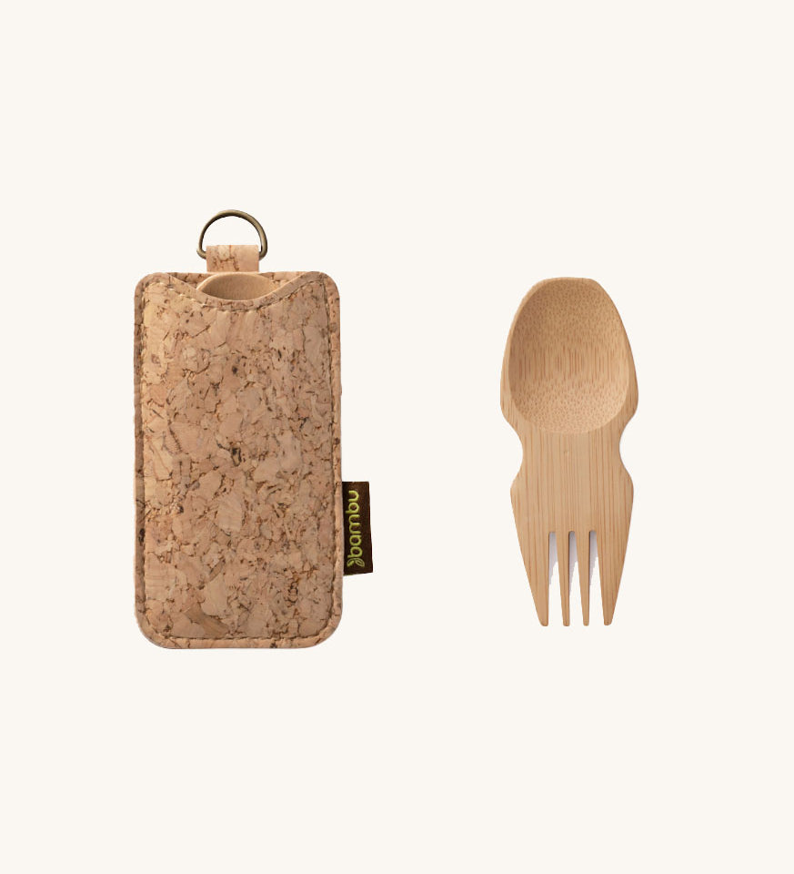 The Bambu Bamboo spork pictured next to the cork case that is included. 