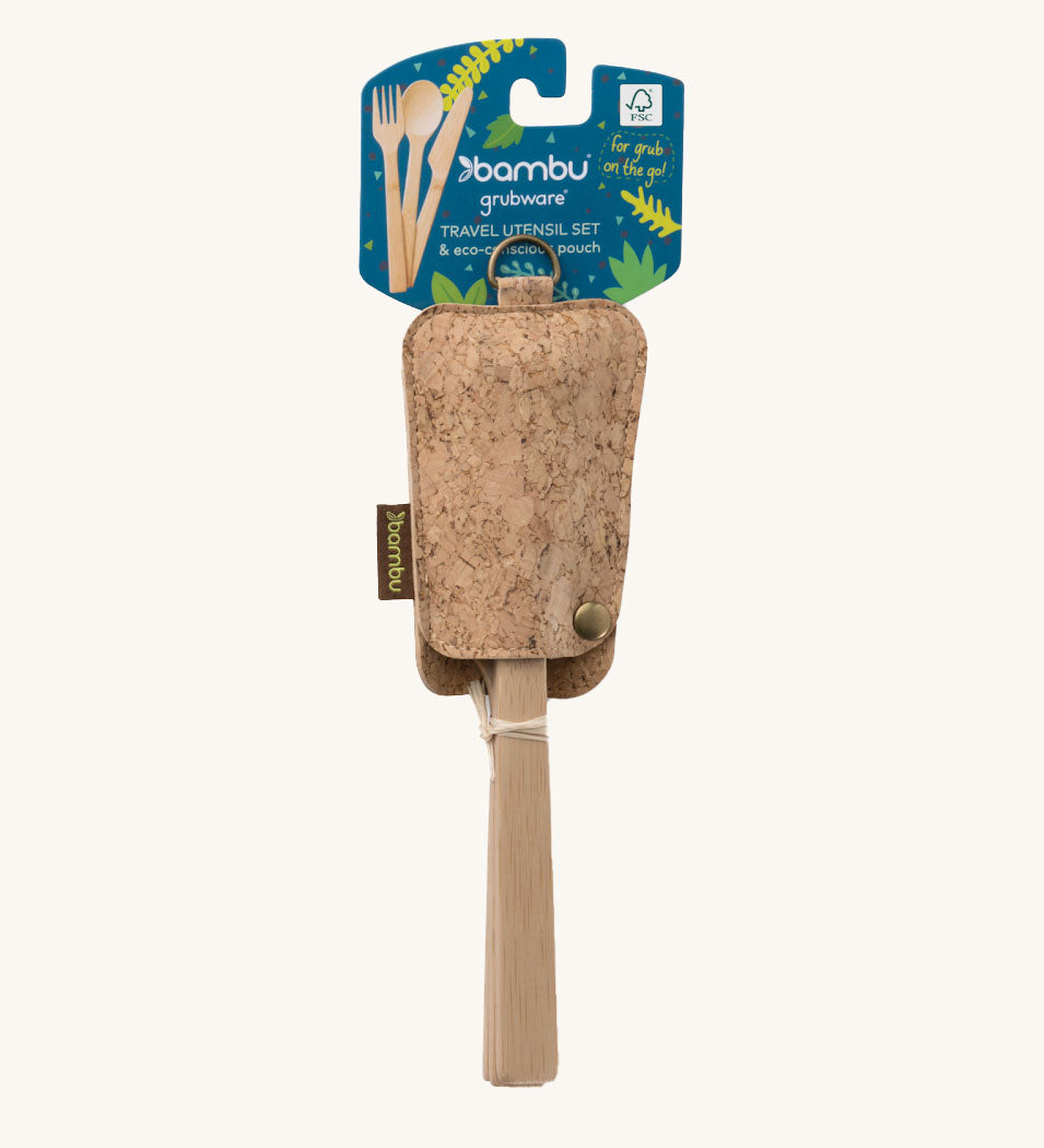 Bambu Bamboo Utensil Travel Set with Cork Fabric Pouch in packaging 