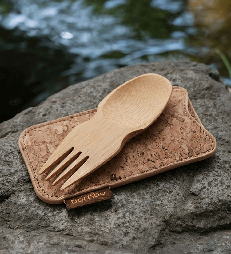 The Bambu Bamboo spork shown resting on the cork case included. 