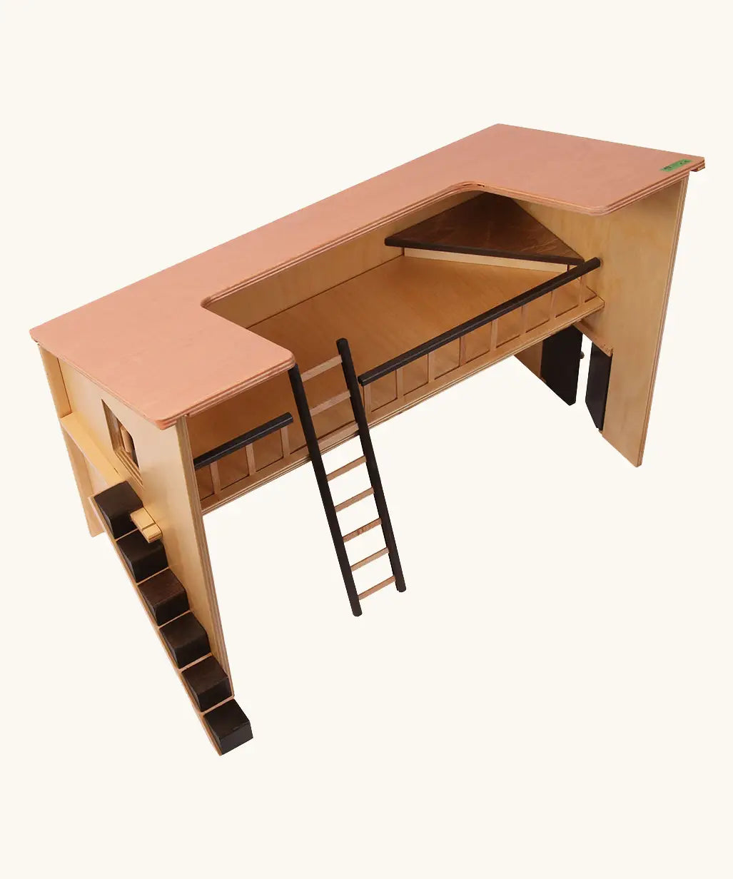 Beck Holzspielzeug large wooden barn section showing the open-fronted upper level, dark railings, ladder, chicken staircase, and hinged lower barn doors.