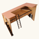 Beck Holzspielzeug large wooden barn section showing the open-fronted upper level, dark railings, ladder, chicken staircase, and hinged lower barn doors.