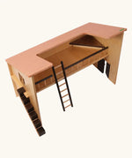 Beck Holzspielzeug large wooden barn section showing the open-fronted upper level, dark railings, ladder, chicken staircase, and hinged lower barn doors.