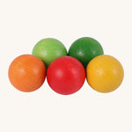 Beck Toys wooden 45mm balls for balls runs. Showing a light green, dark green, orange red and yellow ball.