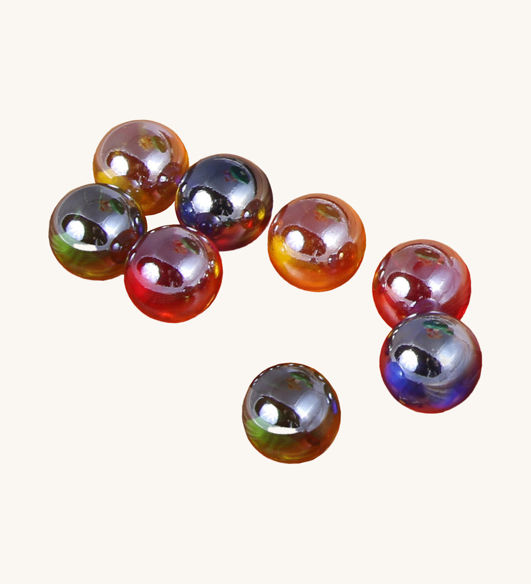 A set of different coloured 13mm glass Beck Toys marbles