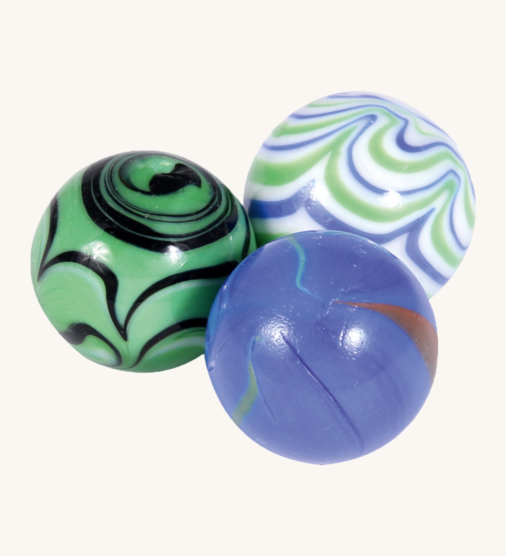 A set of 3 different coloured 20mm glass Beck Toys marbles