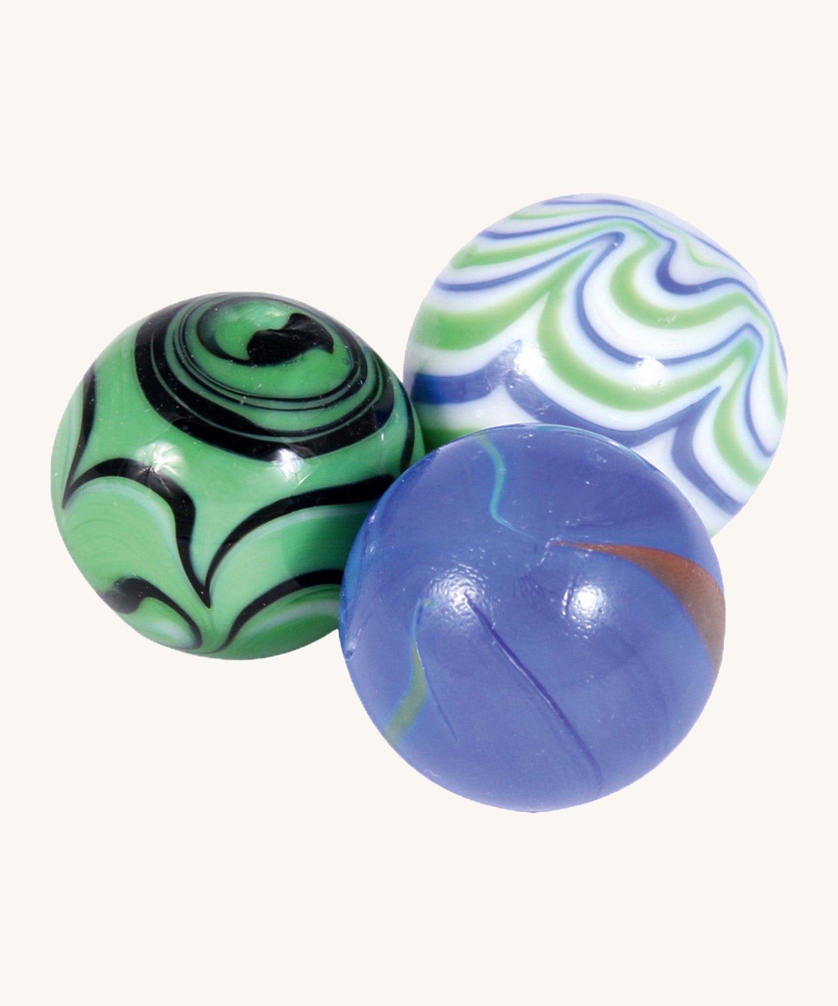 A set of 3 different coloured 20mm glass Beck Toys marbles