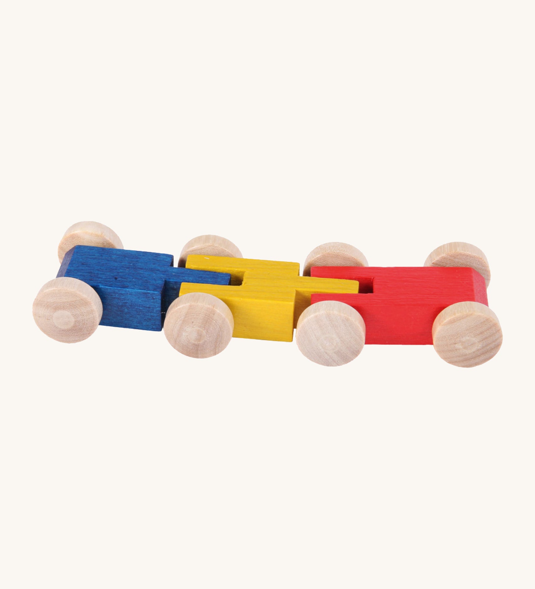 Beck Toy millipede car train showing a blue, yellow and red car attached to eachother