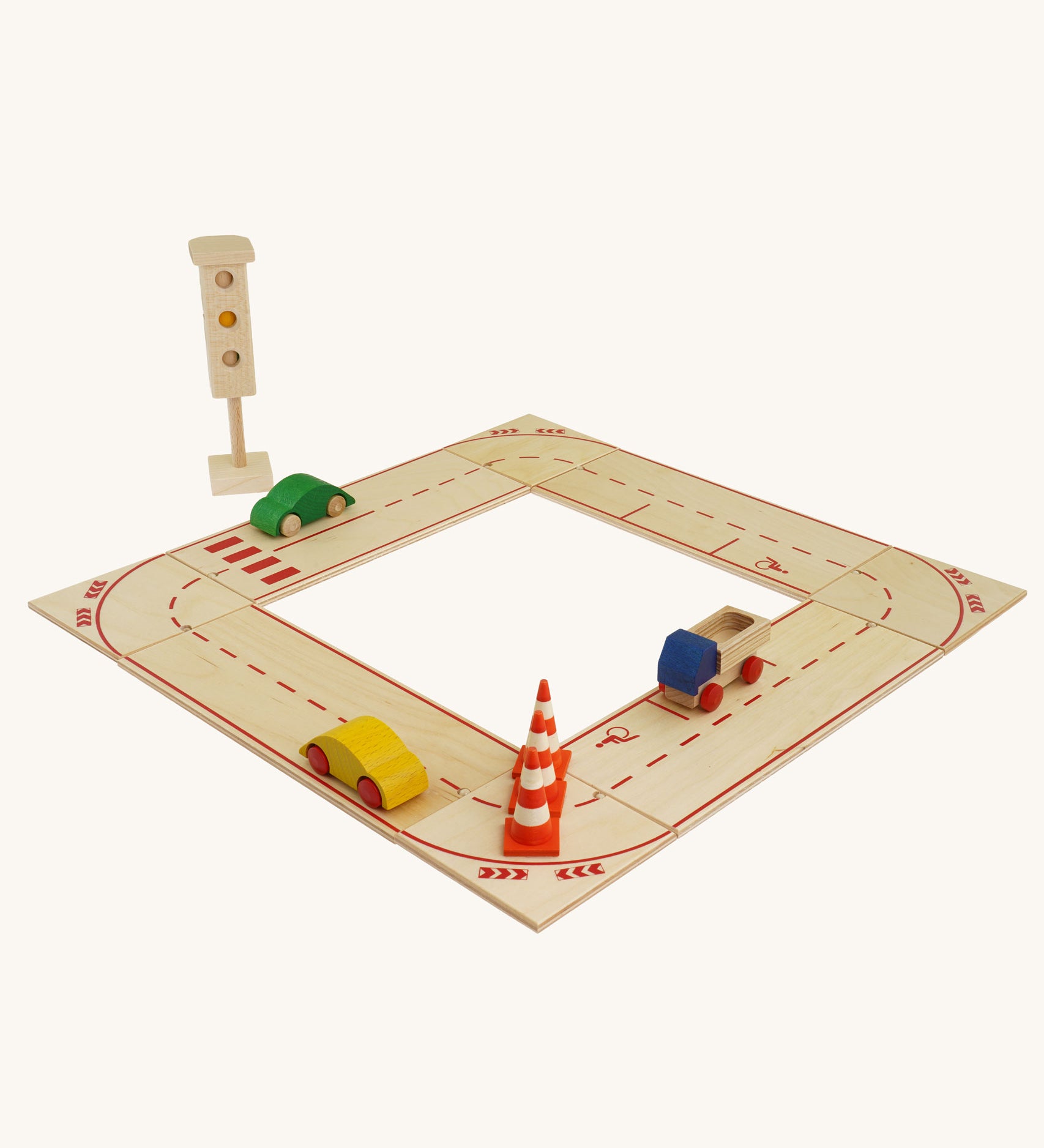 Beck Holzspielzeug Wooden Roads System for Toy Cars shown with Beck wooden cars, cones and traffic lights. This wooden toy road is part of a wide range of toy vehicles and accessories available at Babipur.