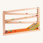 Beck Toys chimes run track, a wooden toy crafted from beech wood, featuring four wooden ramp tracks and glockenspiel notes to finish with marbles travelling down
