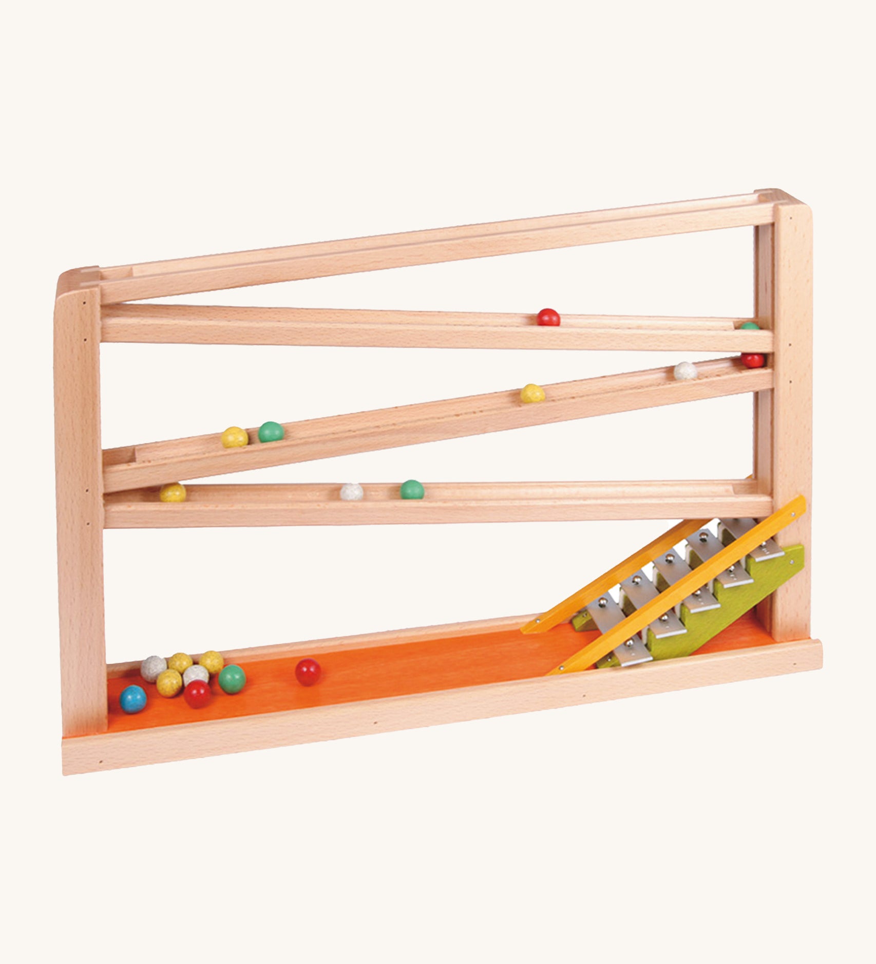 Beck Toys chimes run track, a wooden toy crafted from beech wood, featuring four wooden ramp tracks and glockenspiel notes to finish with marbles travelling down