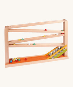 Beck Toys chimes run track, a wooden toy crafted from beech wood, featuring four wooden ramp tracks and glockenspiel notes to finish with marbles travelling down