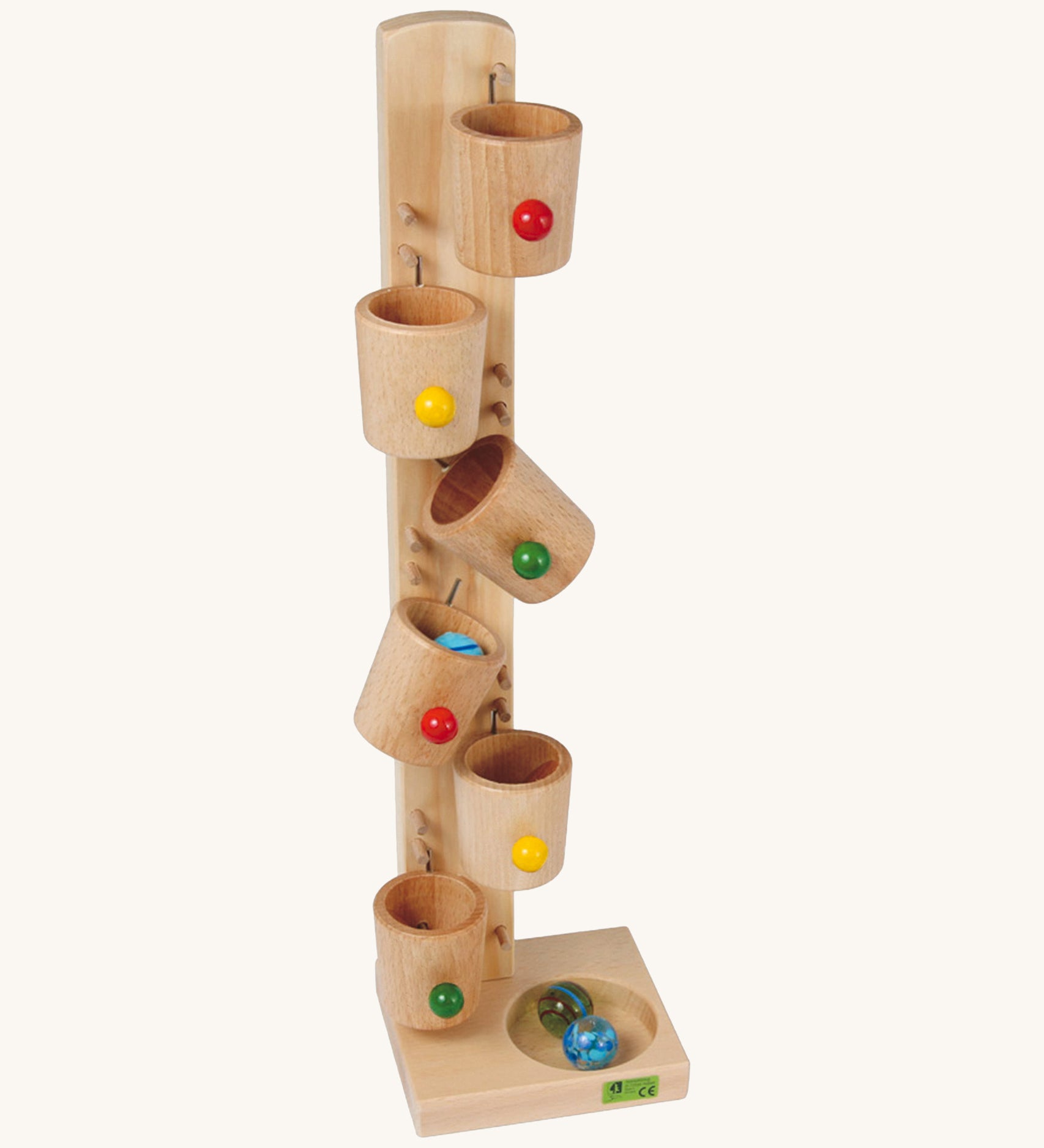 Beck toys cup marble run. A wooden set crafted from beech wood, featuring natural wooden cups along the stand that with marbles travelling down