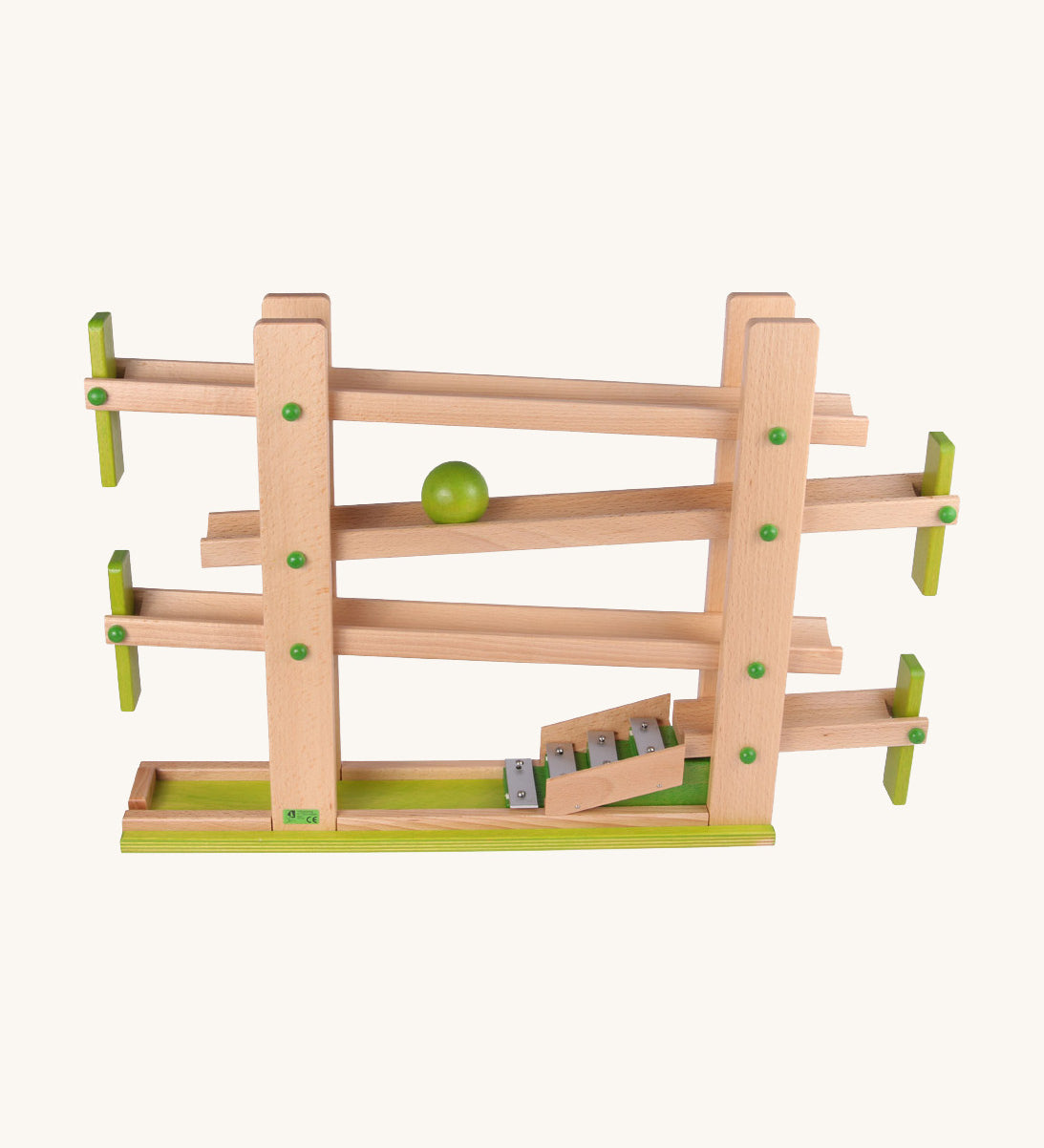 Beck Toys musical run track, a wooden toy crafted from beech wood, featuring four wooden ramp tracks with small green planks as stoppers and glockenspiel notes to finish with a green ball travelling down