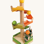 Beck Toys run track tower, a wooden toy crafted from beech wood, featuring different coloured tracks and glockenspiel on the end with wooden balls travelling down