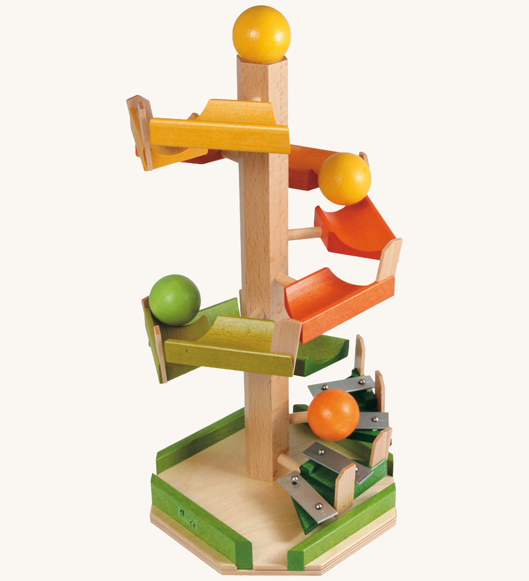 Beck Toys run track tower, a wooden toy crafted from beech wood, featuring different coloured tracks and glockenspiel on the end with wooden balls travelling down