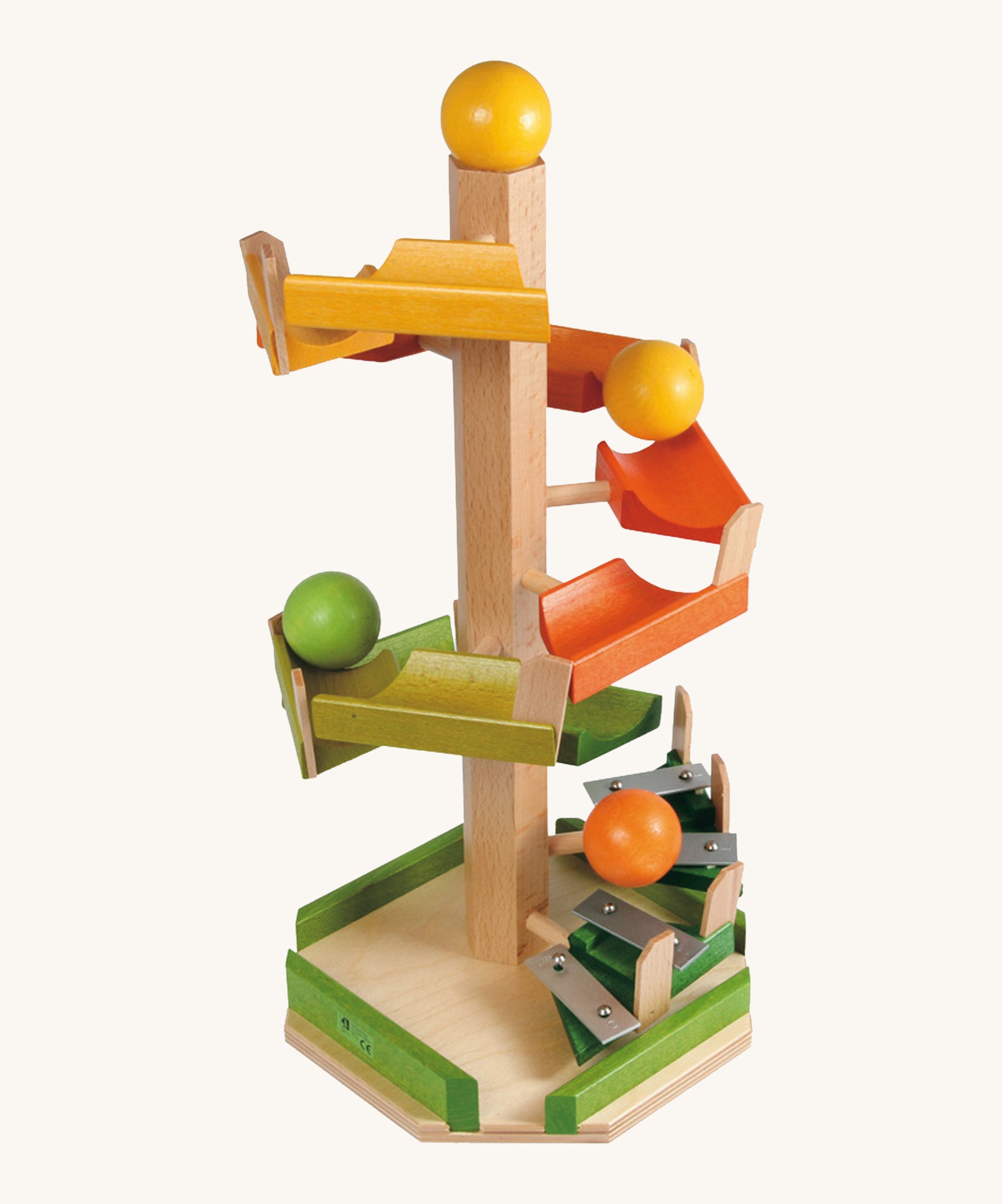 Beck Toys run track tower, a wooden toy crafted from beech wood, featuring different coloured tracks and glockenspiel on the end with wooden balls travelling down