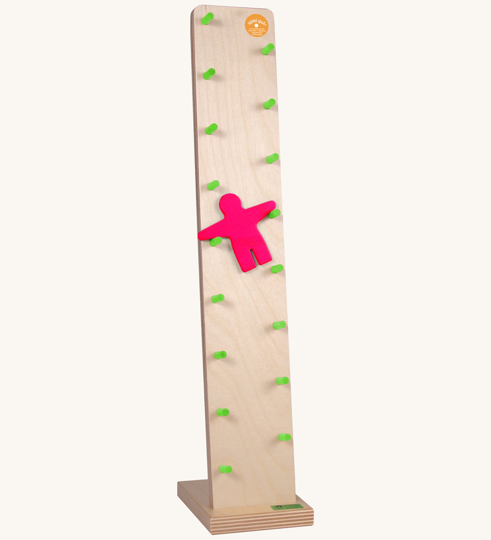 Beck toys wooden wobbler with red figure  showing a tilted plant with a red figure travelling down the green pegs