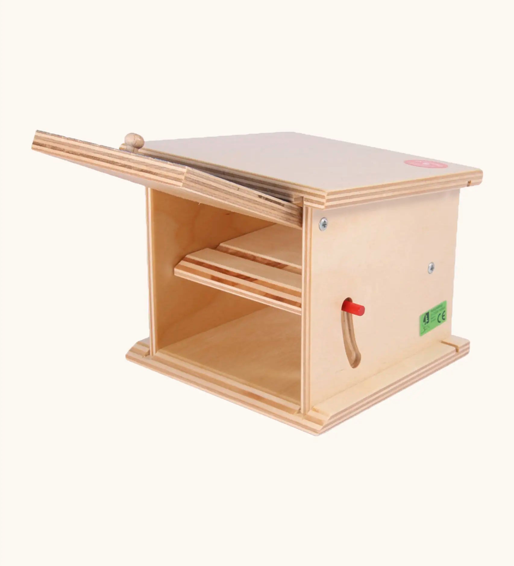 Beck wooden double garage toy showing a 2 tier garage with a lid door and red side lever