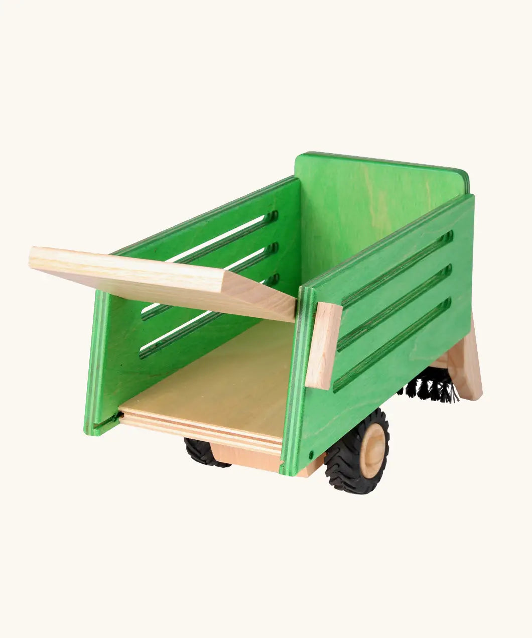 Back of the Beck wooden green hay wagon tractor attachment showing the gate opened
