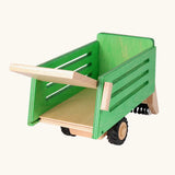 Back of the Beck wooden green hay wagon tractor attachment showing the gate opened