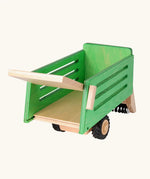 Back of the Beck wooden green hay wagon tractor attachment showing the gate opened