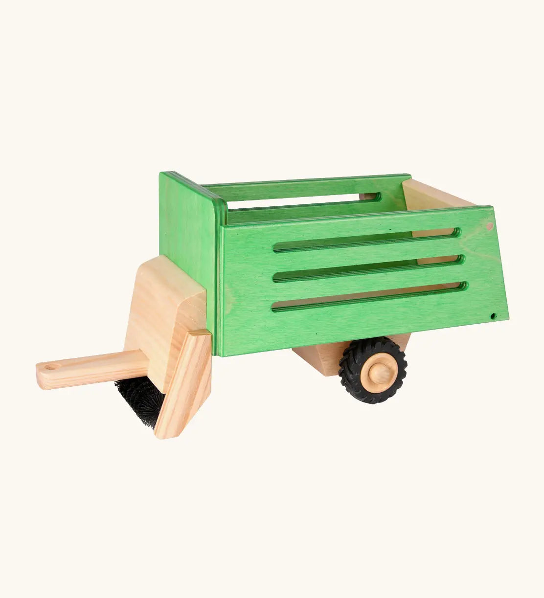 Beck wooden green hay wagon tractor attachment with a working roller, gate and black rubber wheels