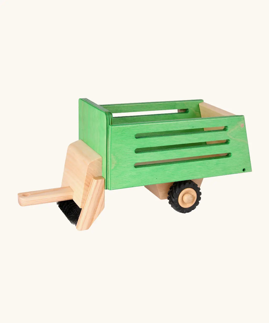 Beck wooden green hay wagon tractor attachment with a working roller, gate and black rubber wheels