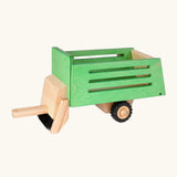 Beck wooden green hay wagon tractor attachment with a working roller, gate and black rubber wheels