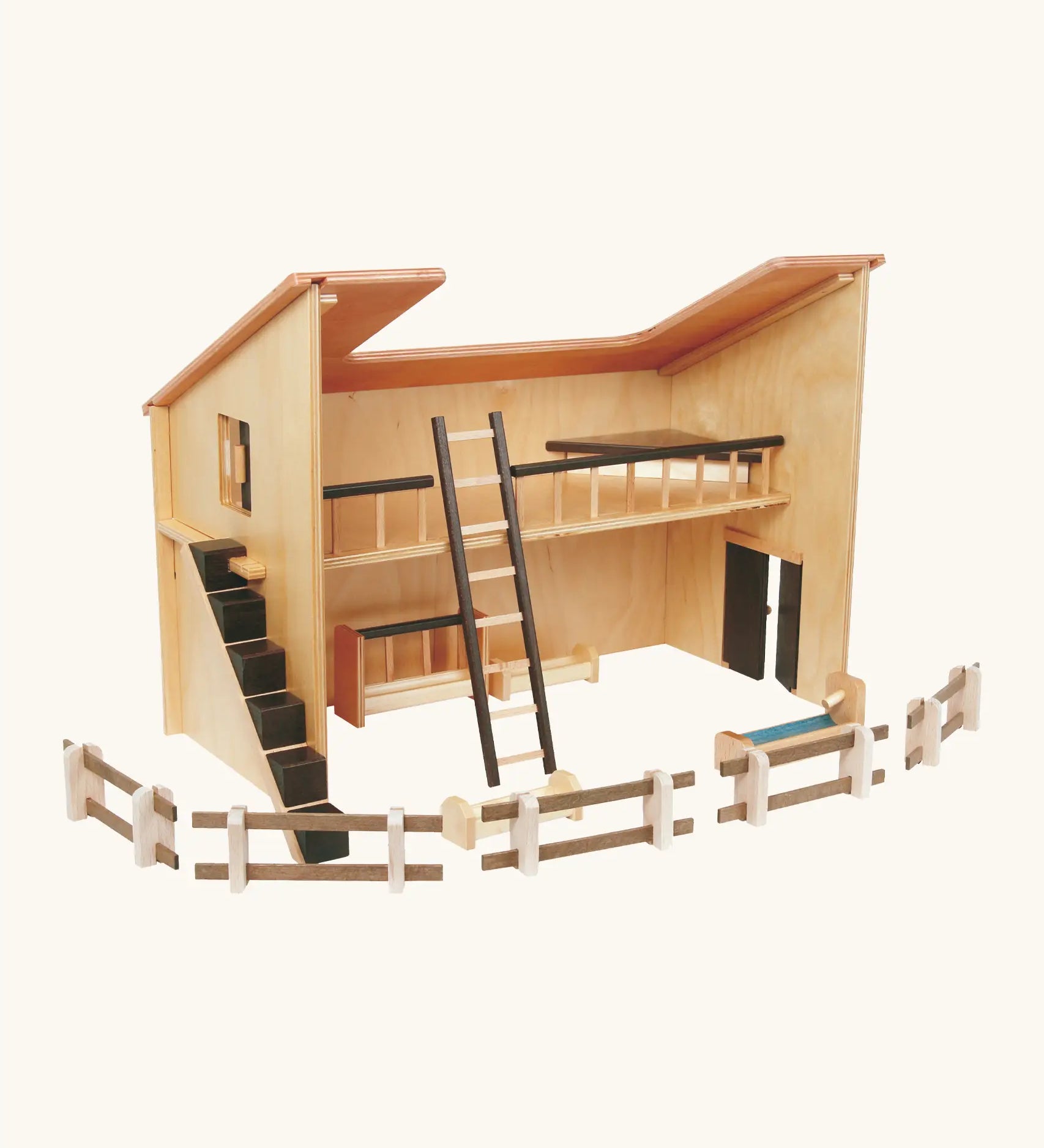 Beck wooden large stable set with a removable ladder, fence pieces and other farm stable accessories 