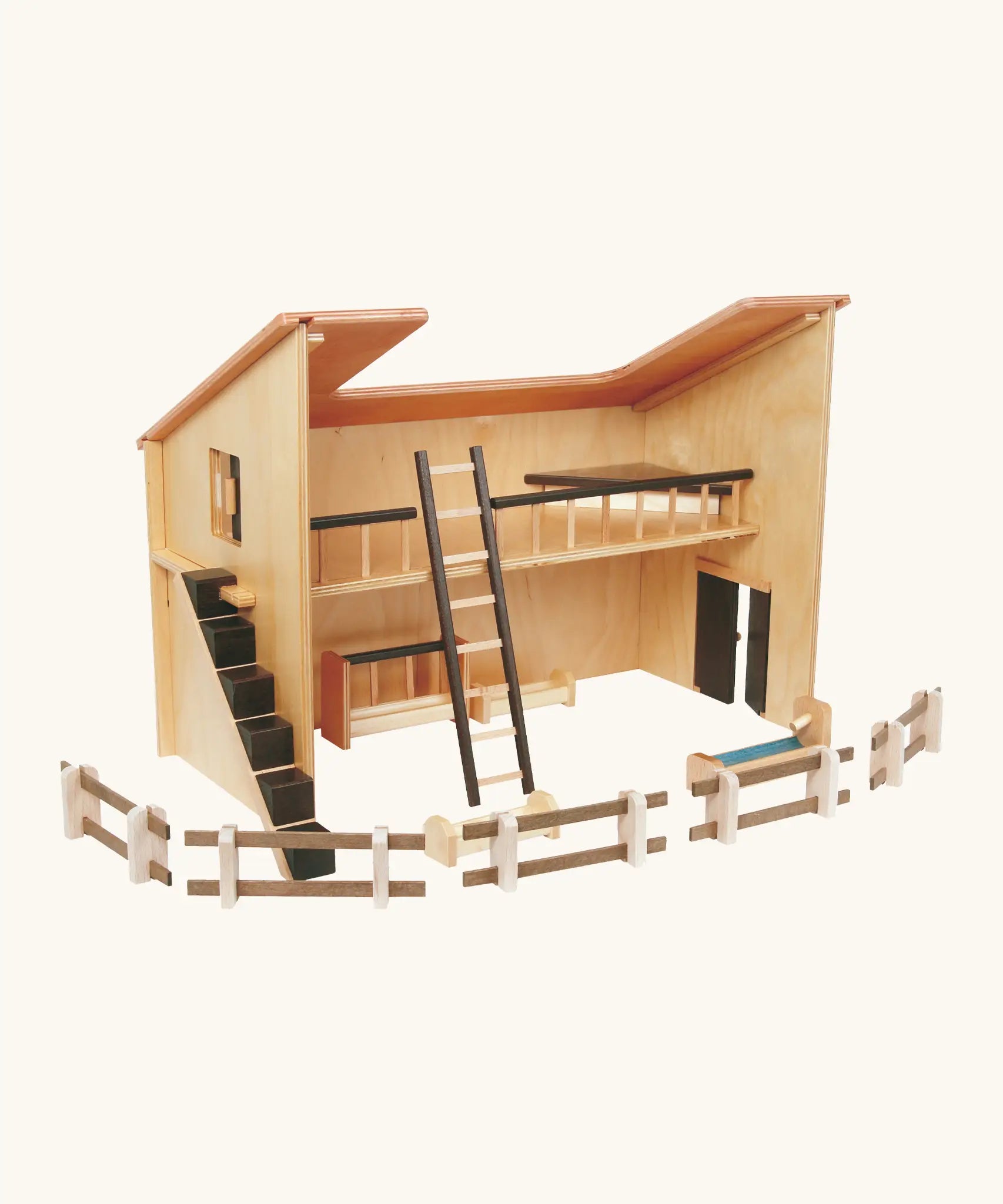 Beck wooden large stable set with a removable ladder, fence pieces and other farm stable accessories 