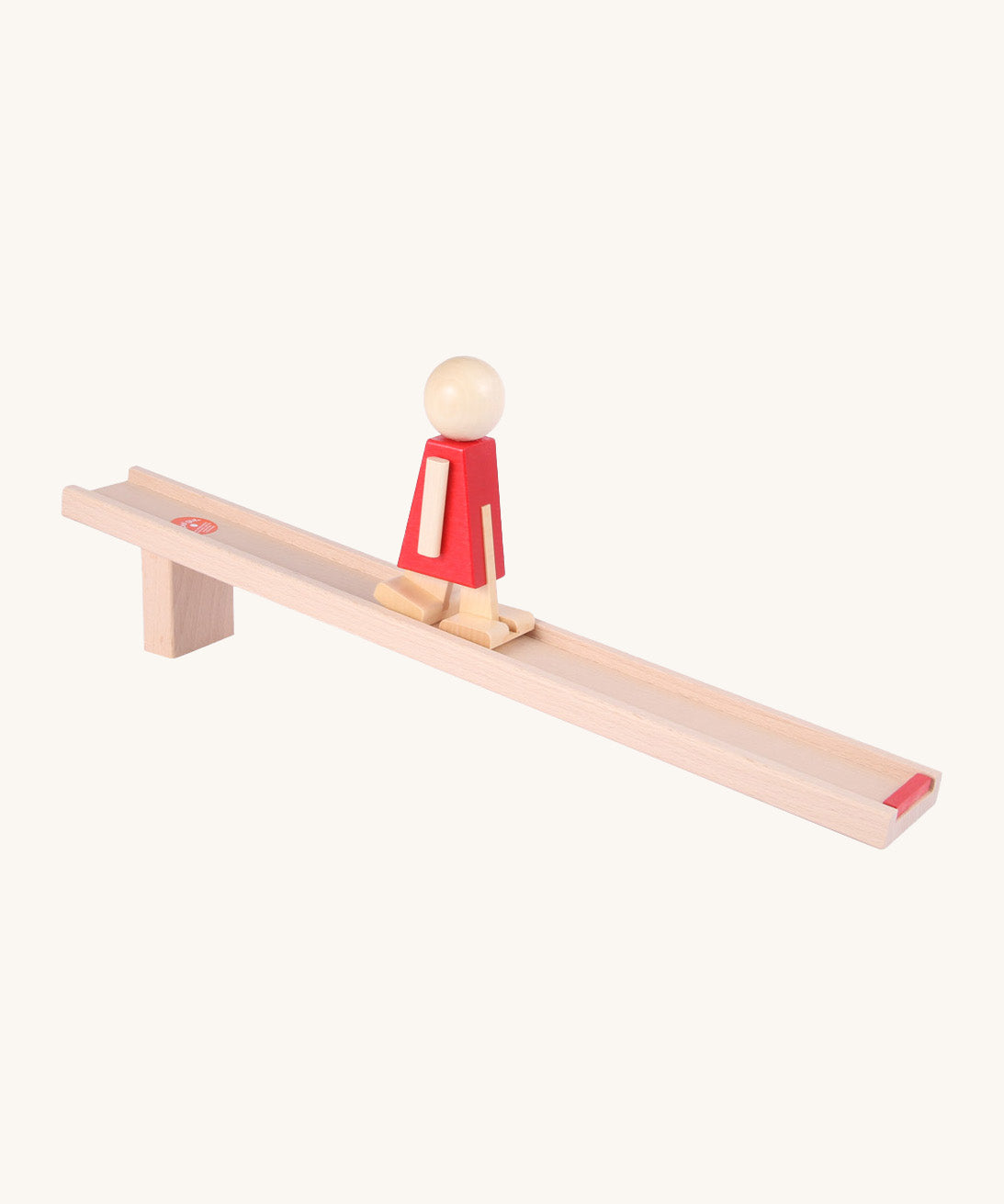 Beck Toys wooden nurmi walker ramp showing a red doll walking on the ramp