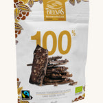 Belvas Belgian 100% Dark Chocolate Thins, a white resealable pouch with gold writing and an image of dark chocolate thins in the centre. Cream background.